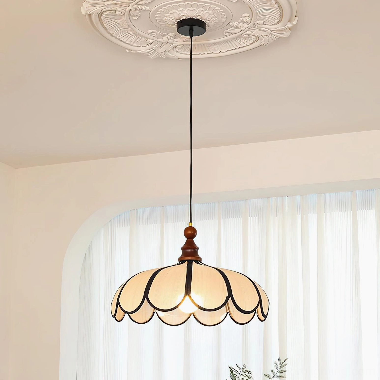 Botan pendant light installation view, ceiling mount walnut wood cap vintage lighting