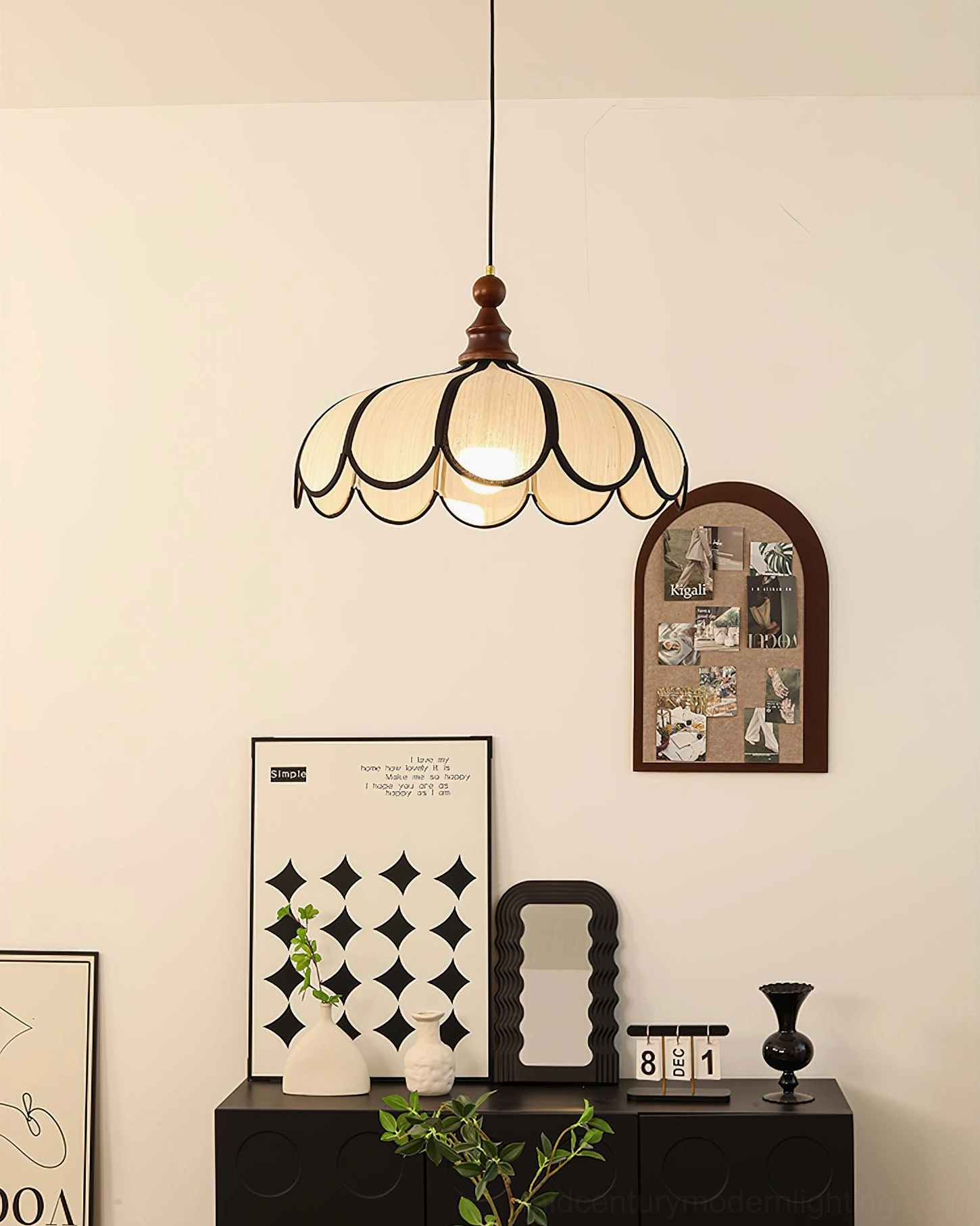 Botan scalloped abaca pendant light in minimalist vintage living space with coordinating retro decor