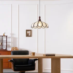 Botan scalloped pendant light in home office setting above wooden desk, mid-century modern interior design