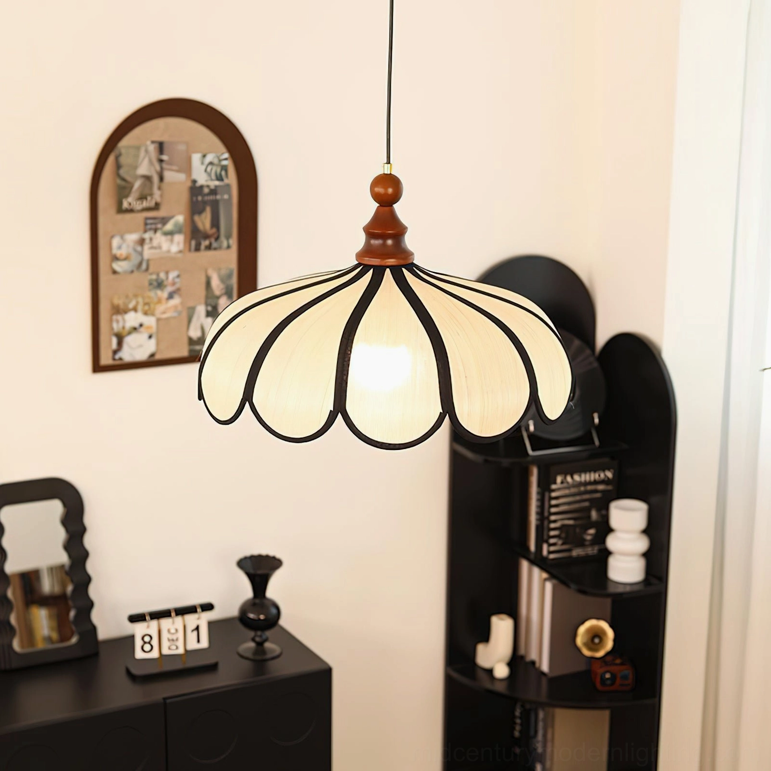 Side view of Botan pendant light wooden cap and abaca fiber construction, vintage entryway setting