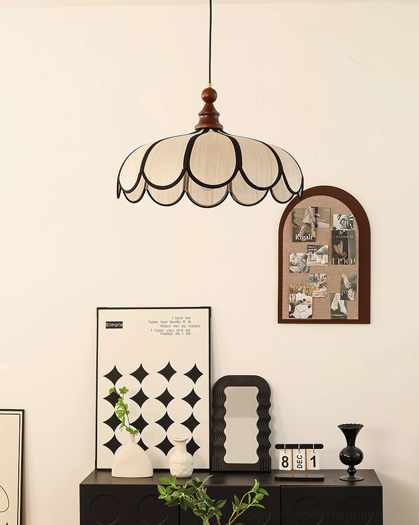 Botan pendant light above vintage living room console table, retro romantic interior design