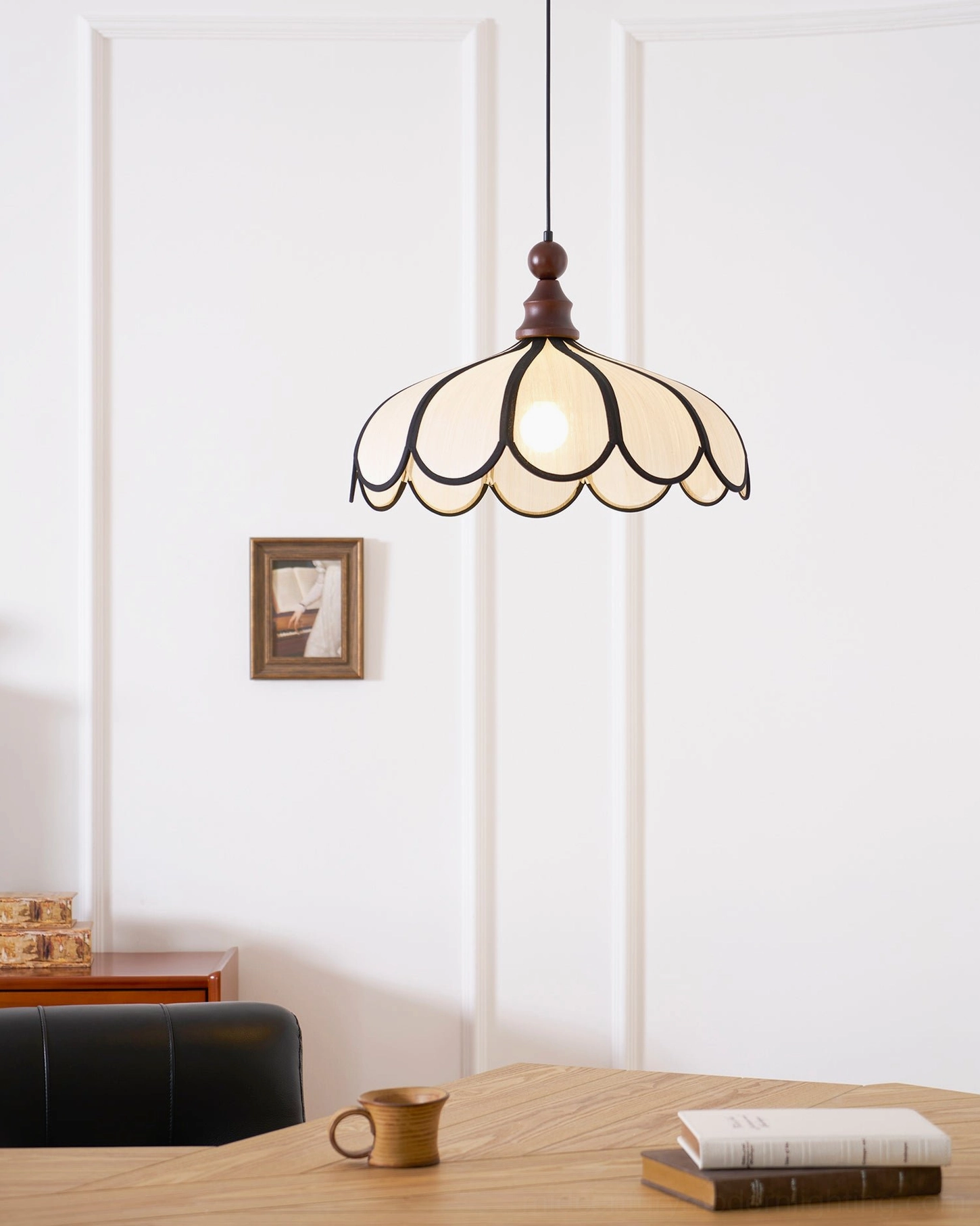 Botan natural fiber pendant light over wooden table, warm vintage neutral tone interior styling