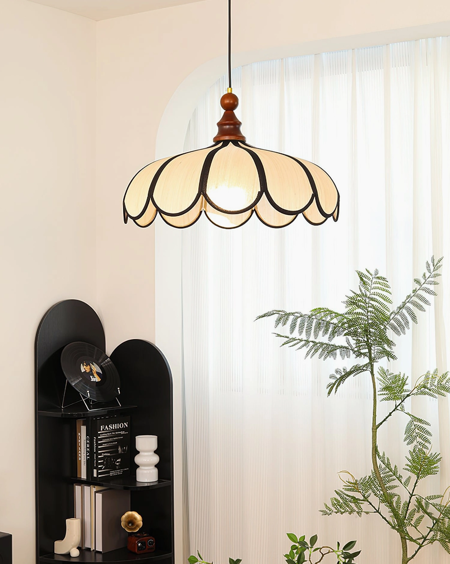Botan scalloped abaca pendant lighting fixture, natural fiber handcrafted design details