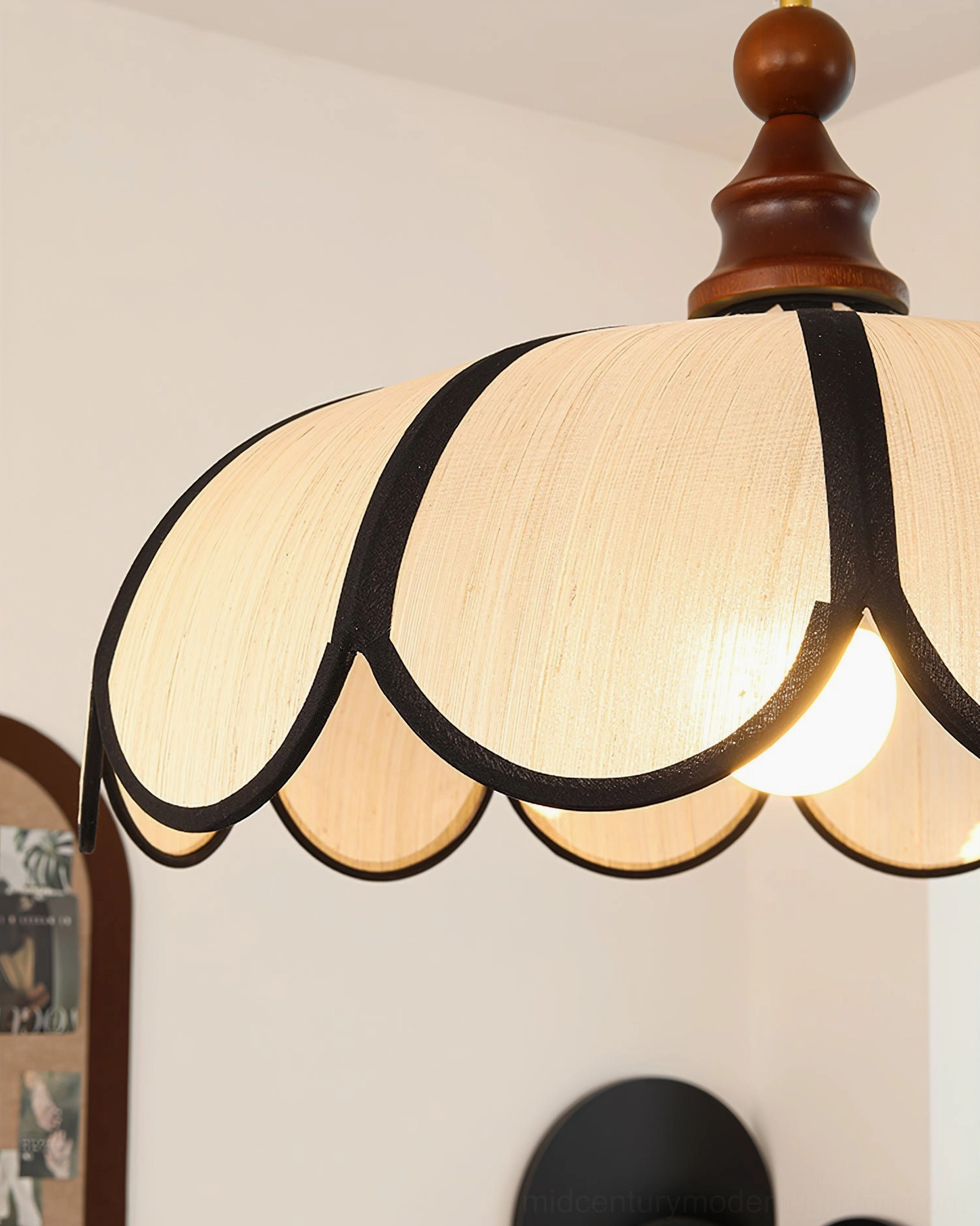 Botan scalloped shade pendant light hanging view, beige fiber with black petal edges