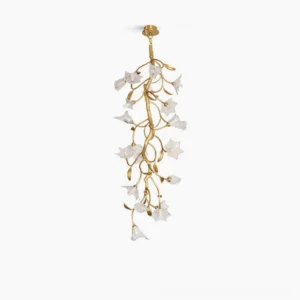 Botanical branch chandelier with gold brass frame and clear glass flower-shaped shades, front studio view