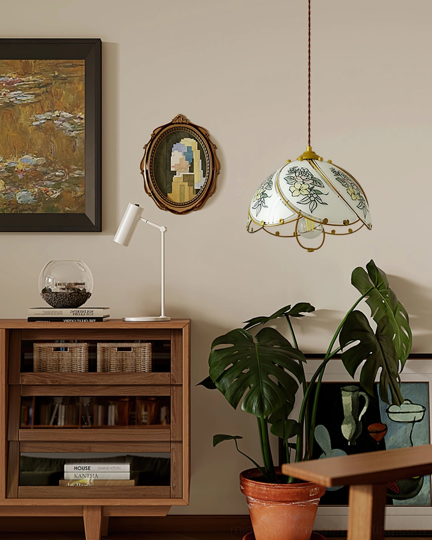 Hand-painted stained glass lily pendant in bohemian study nook with green potted plants, wooden storage cabinet, and vintage aesthetic