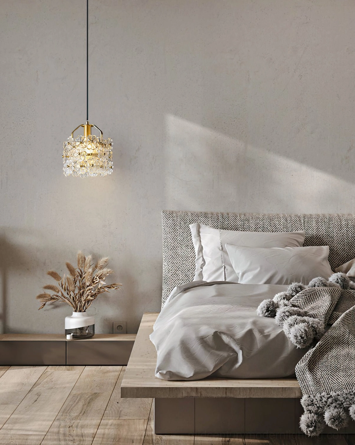 Mid-century modern floral glass pendant illuminating contemporary master bedroom with warm ambient lighting