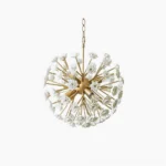 Botanical sputnik chandelier with white ceramic petals and brass framework, frontal view on white background