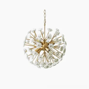 Botanical sputnik chandelier with white ceramic petals and brass framework, frontal view on white background