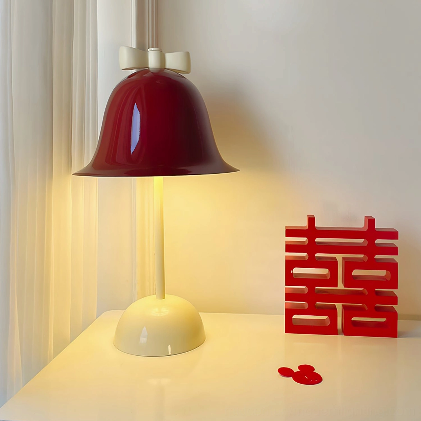Bow Bell accent lamp with extended view showing 150cm cord length with switch, push-button control, and regional plug compatibility