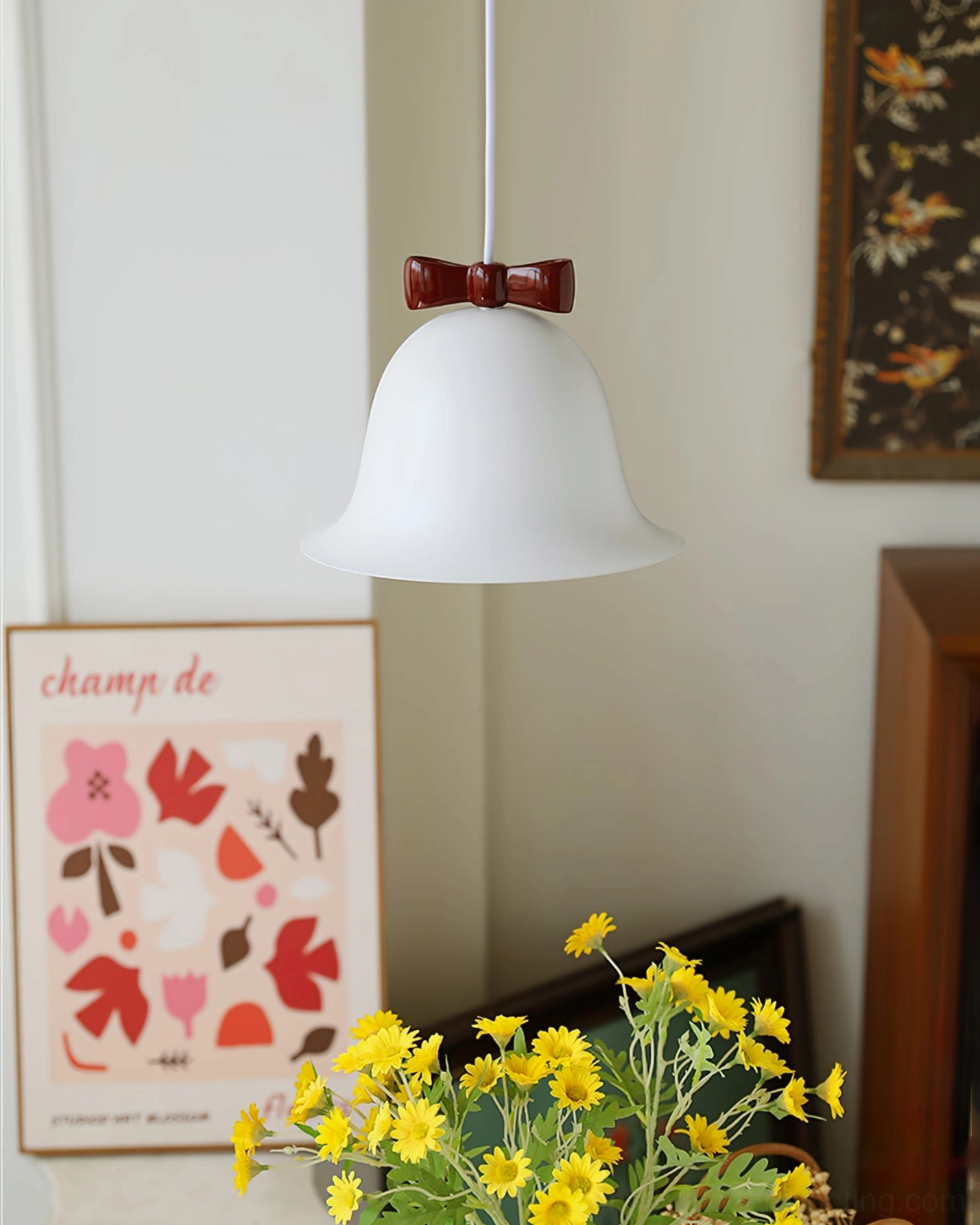 Bow bell pendant lamp installation and ceiling mount view