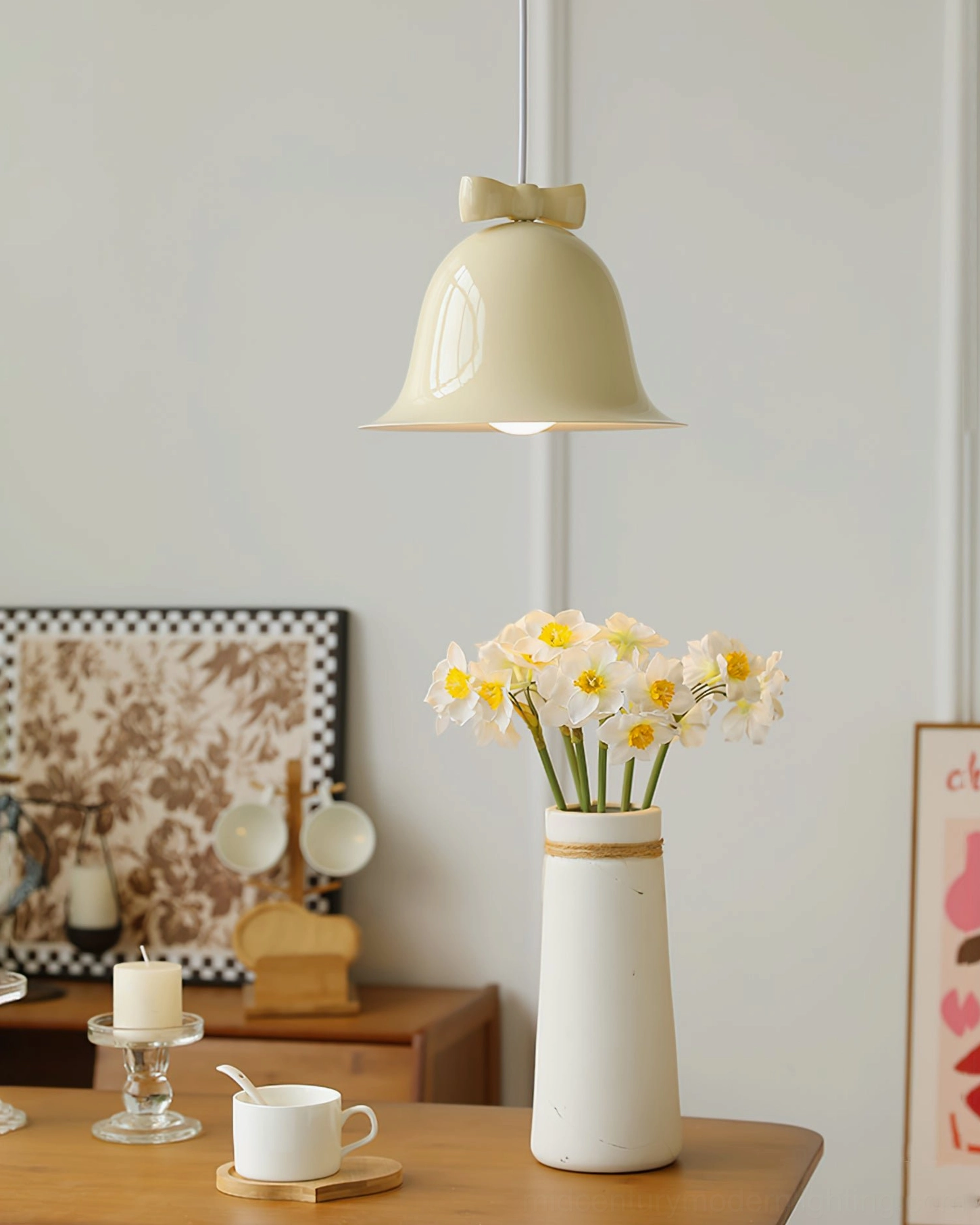 Cream beige bell pendant lamp with matching bow in elegant minimalist home decor
