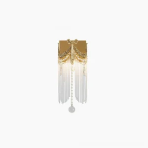 Bow tie crystal wall sconce with brass finish and cascading crystal strands front view