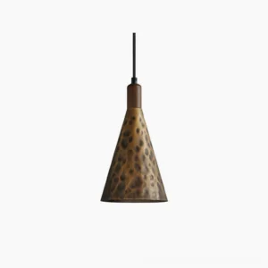 Boyd brass pendant lamp hand-hammered conical shape antique bronze finish mid-century modern organic design studio view