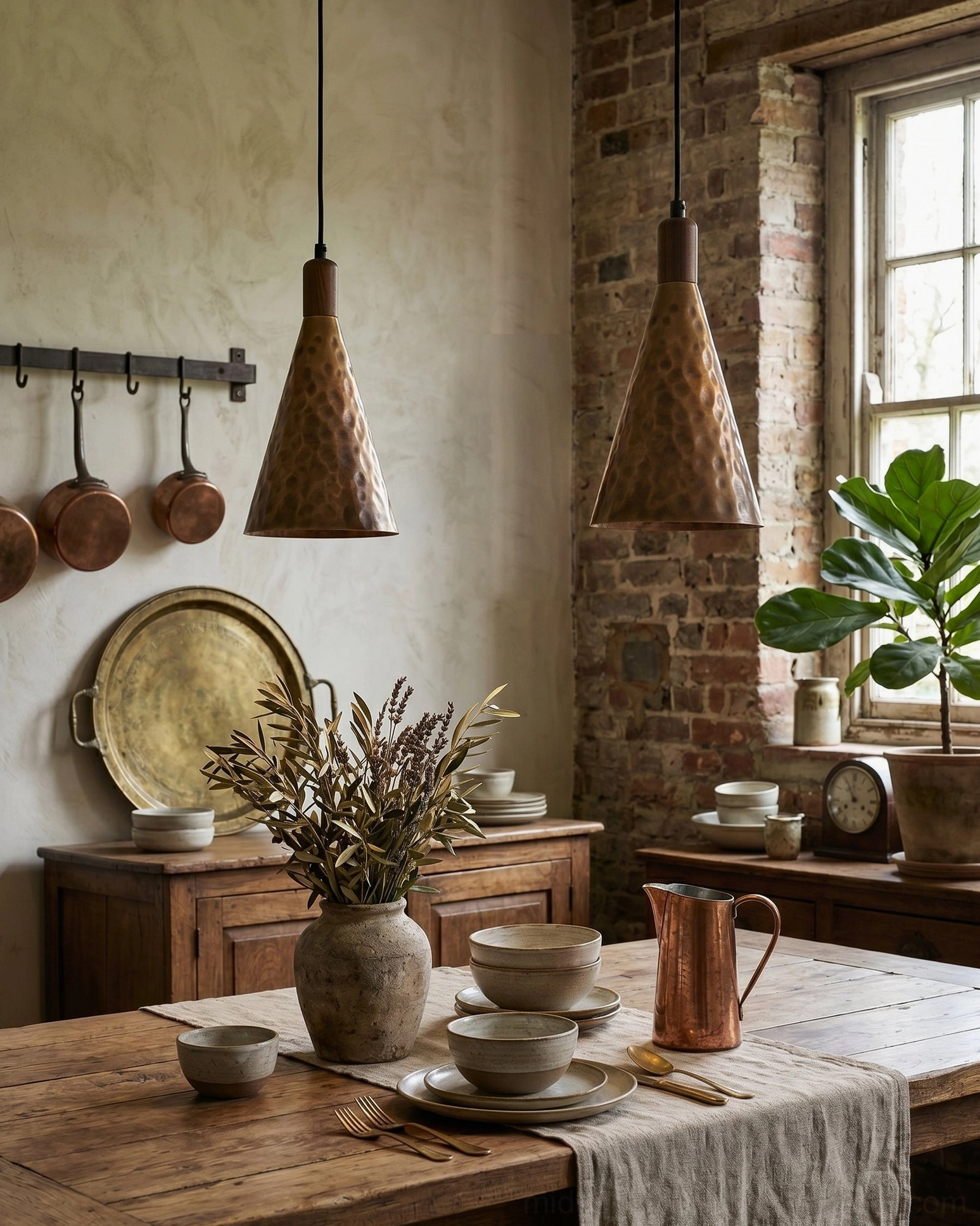 Multiple Boyd brass pendant lamps dining room brick wall rustic vintage warm metal decor
