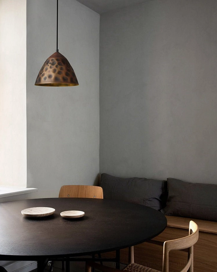 Boyd brass pendant lamps paired installation modern minimalist interior design aesthetic