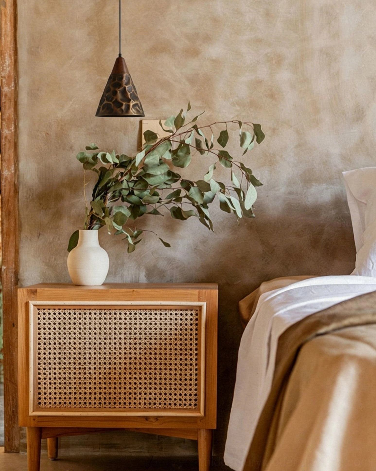 Boyd brass pendant lamp bedroom corner boho rattan cabinet cozy minimalist bedroom lighting design