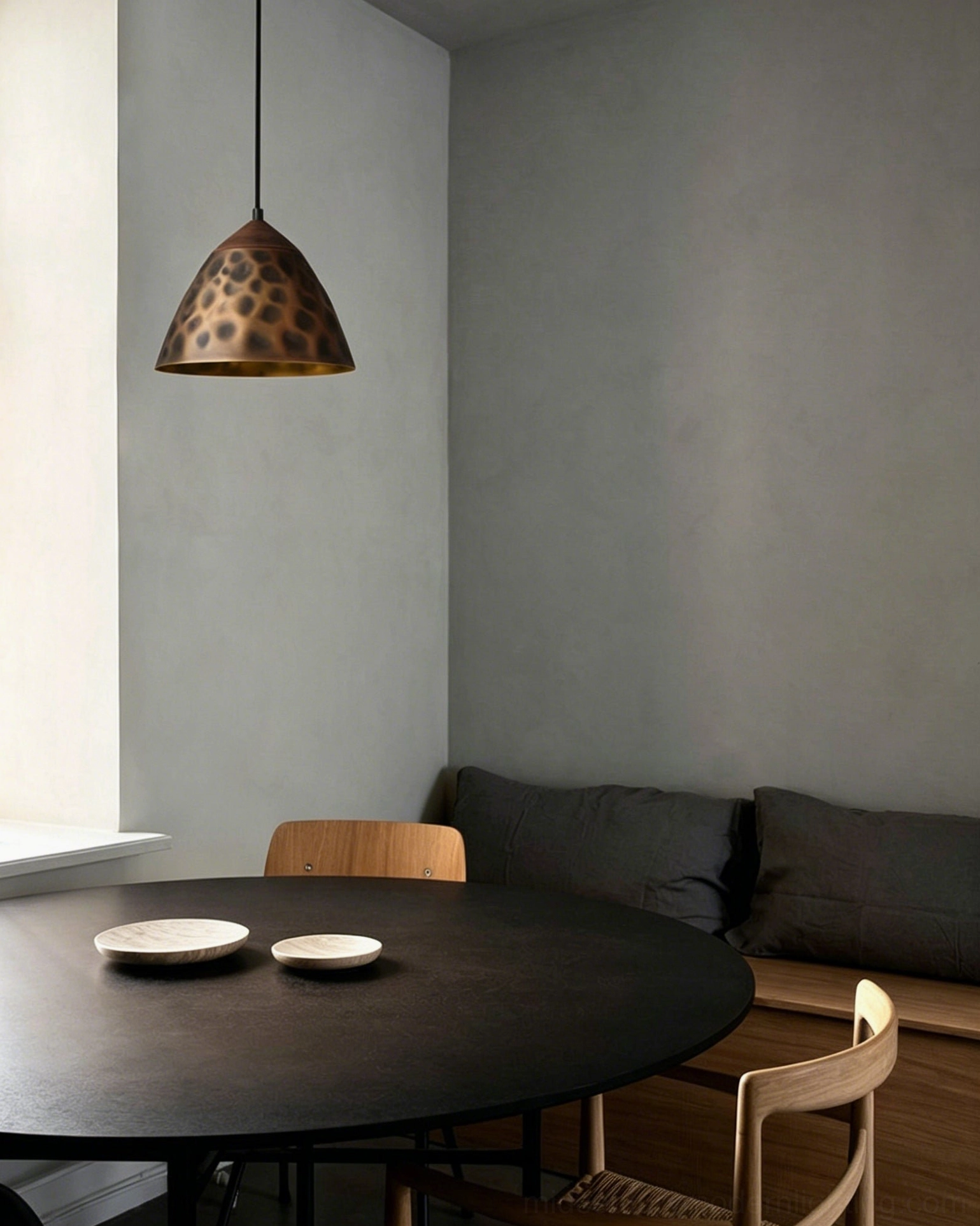 Boyd brass conical pendant lamp dining nook black round table warm rustic neutral home decor