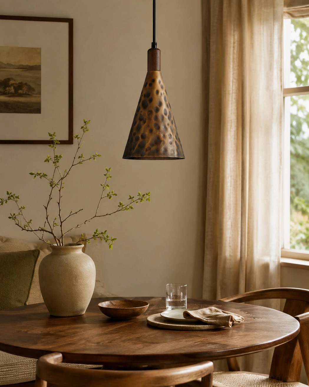Boyd brass pendant lamp side angle view dining nook wooden table cozy casual farmhouse aesthetic