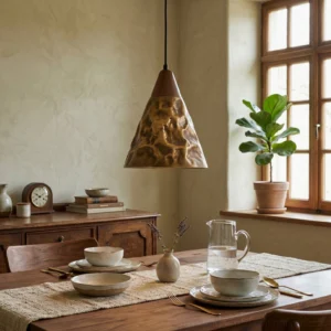 Single Boyd brass pendant light hanging over farmhouse dining table rustic kitchen setting warm bronze metallic