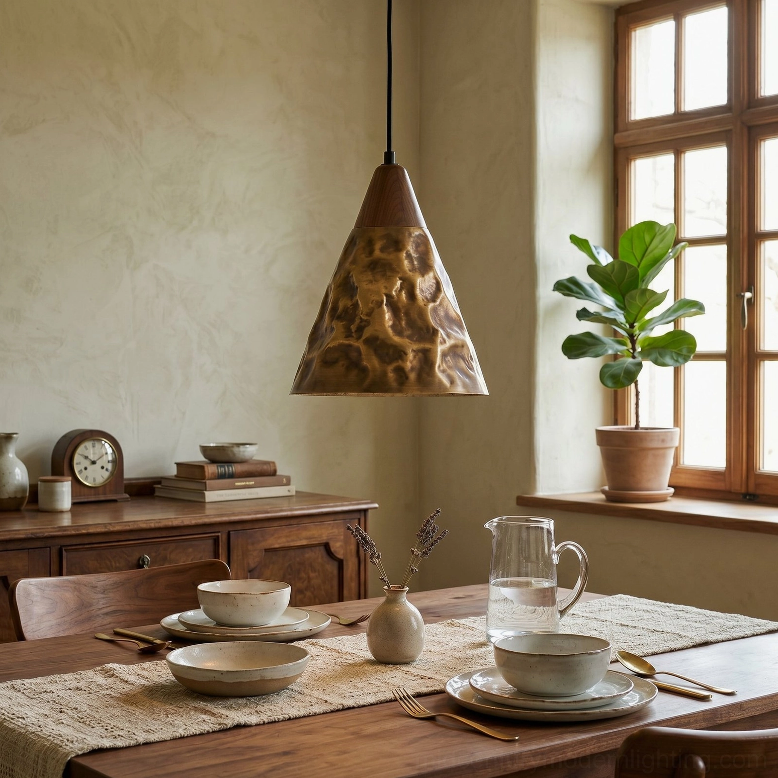 Single Boyd brass pendant light hanging over farmhouse dining table rustic kitchen setting warm bronze metallic