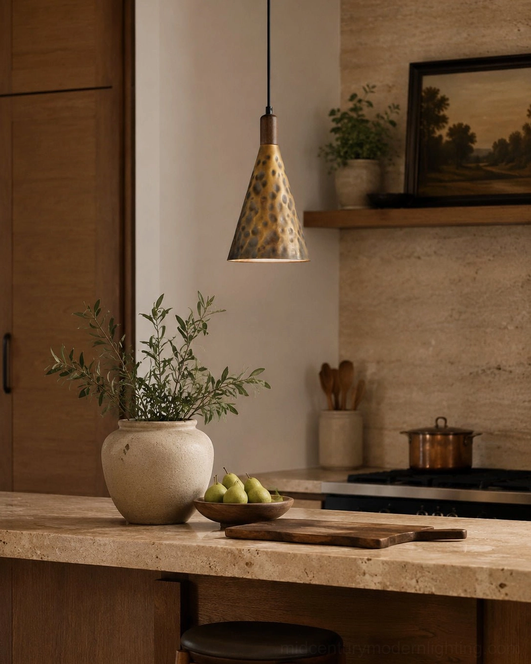 Boyd brass pendant light kitchen island workspace stone countertop modern rustic home decor