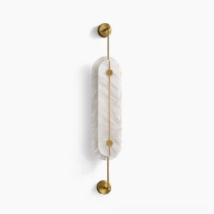 Brace alabaster wall lamp with brass gold brace in studio frontal view showing elegant minimalist design and translucent stone