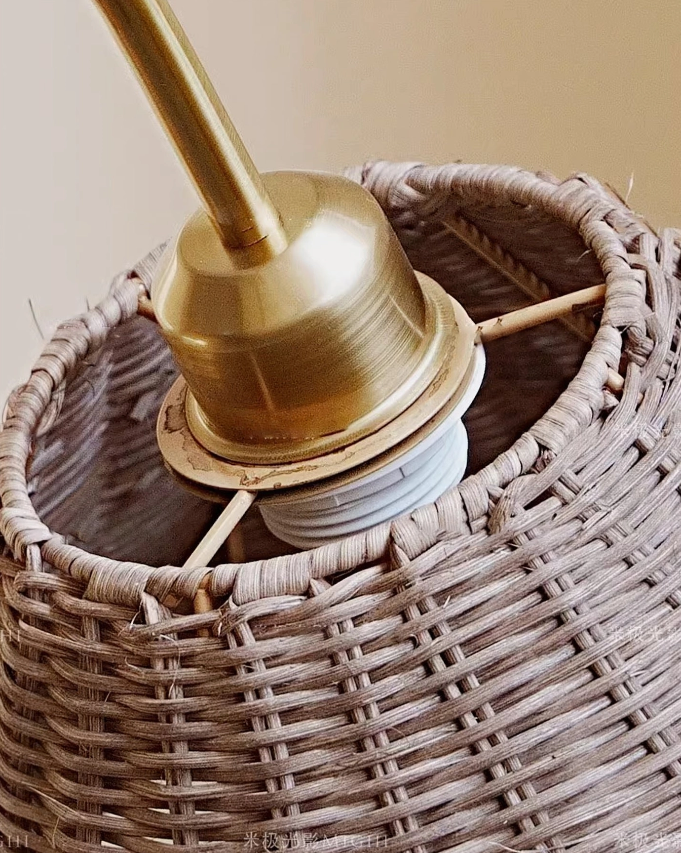 Close-up view of Brady floor lamp internal brass socket fixture and electrical assembly, E26/E27 compatible bulb mount