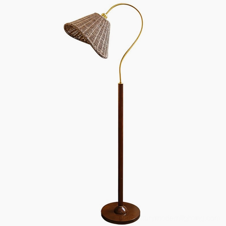 Brady mid-century modern floor lamp with walnut finish rattan shade, available with US, UK, EU, or AU plug options