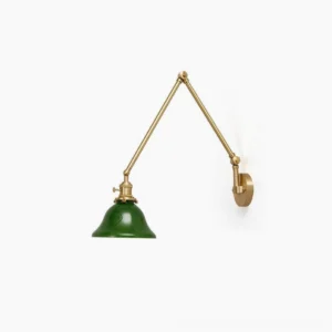 Brady brass swing arm wall lamp with green enamel shade front view, mid-century modern design