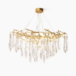 Branch brass chandelier 8 heads with clear glass pendants front view on white background