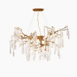 Branch Raindrop Crystal Chandelier with antique brass frame and clear glass pendant drops against white background, showcasing mid-century modern design