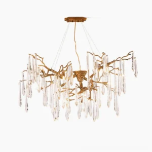 Branch Raindrop Crystal Chandelier with antique brass frame and clear glass pendant drops against white background, showcasing mid-century modern design