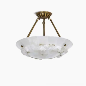 Brass and alabaster bowl pendant lamp overhead view showing fluted brass frame and natural stone diffuser