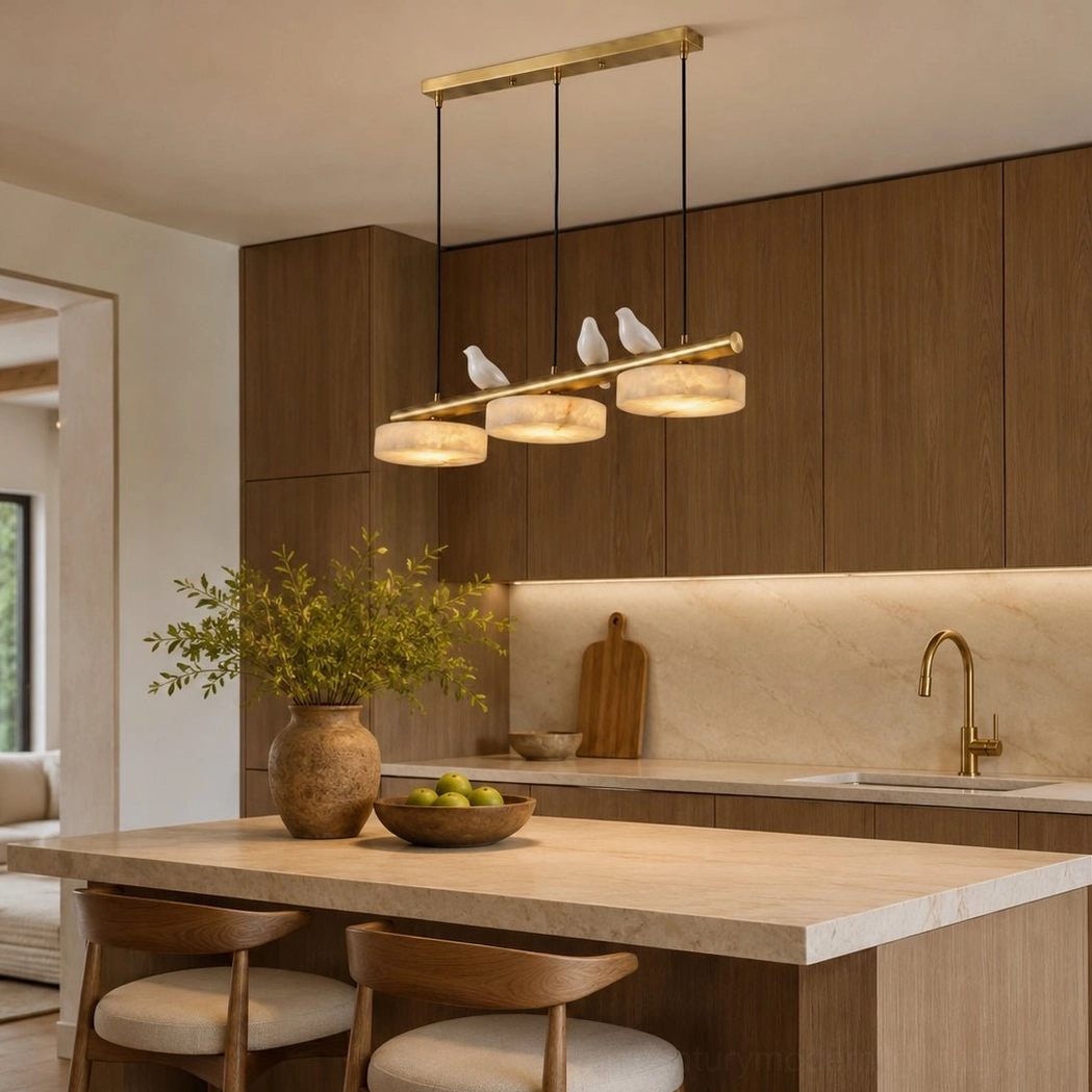 Warm brass linear chandelier with translucent alabaster discs and bird accents over wooden kitchen