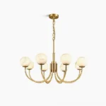 Brass and alabaster sphere chandelier, front studio overhead view showcasing six-head design with polished brass arms and translucent alabaster shades