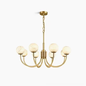 Brass and alabaster sphere chandelier, front studio overhead view showcasing six-head design with polished brass arms and translucent alabaster shades