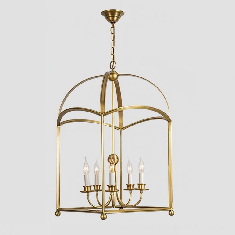 Brass arch lantern pendant chandelier five-light fixture complete view