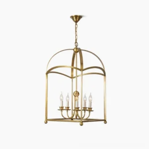 Brass arch lantern pendant chandelier five-light cage design front view brushed brass finish