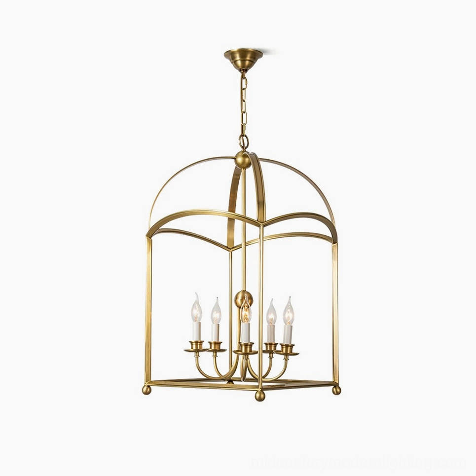 Brass arch lantern pendant chandelier five-light cage design front view brushed brass finish