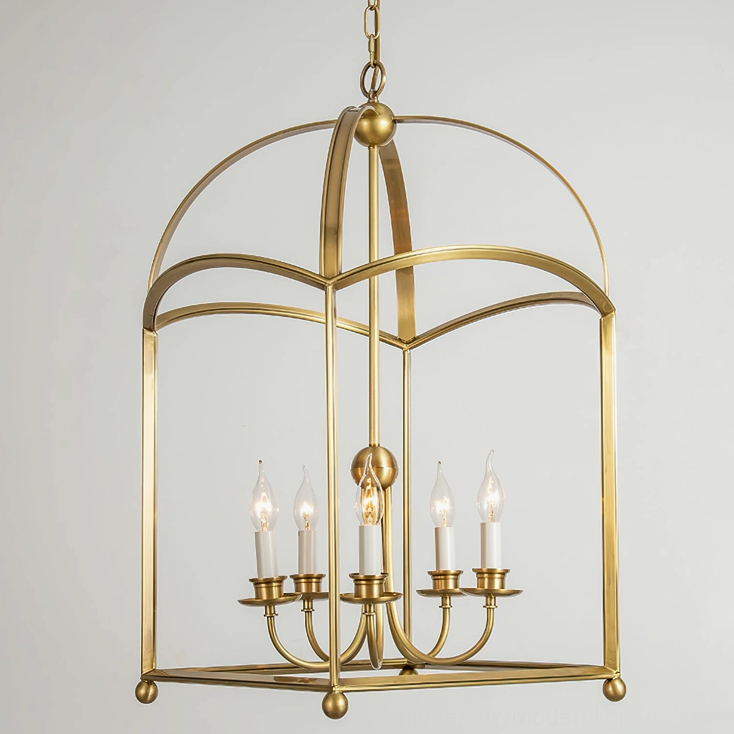 Five-light brass arch pendant with rounded corner details white background