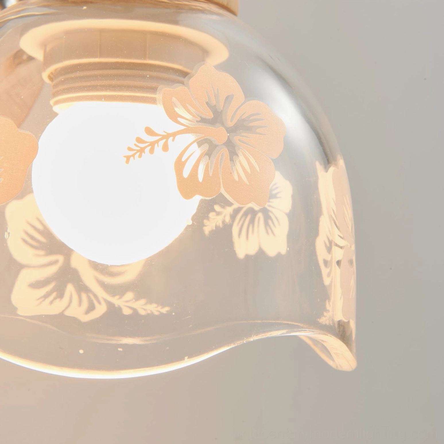 Armed wall sconce detail shot showing brass arm curvature and etched floral glass