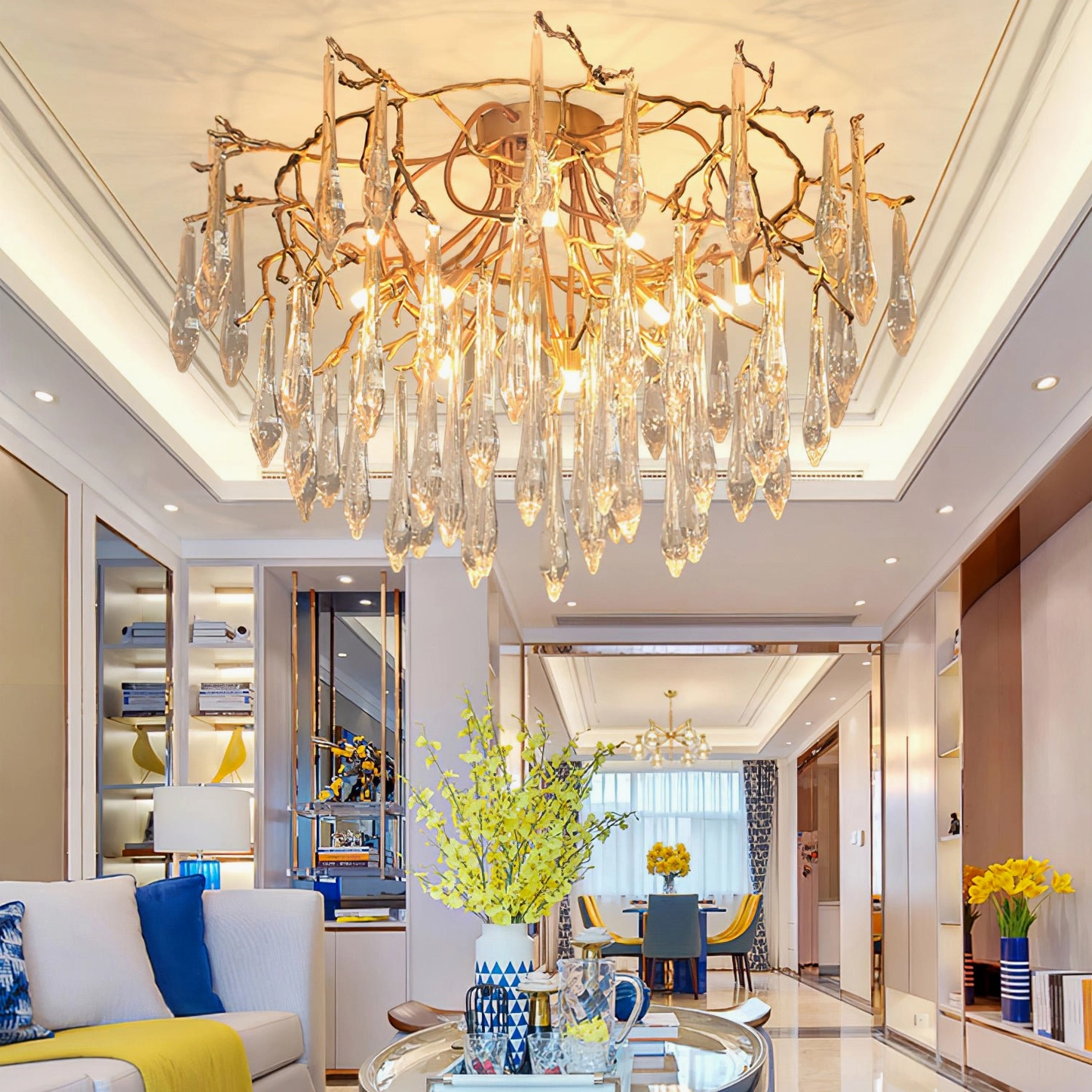 Brass branch ceiling light with crystalline teardrop pendants, luxury home lighting