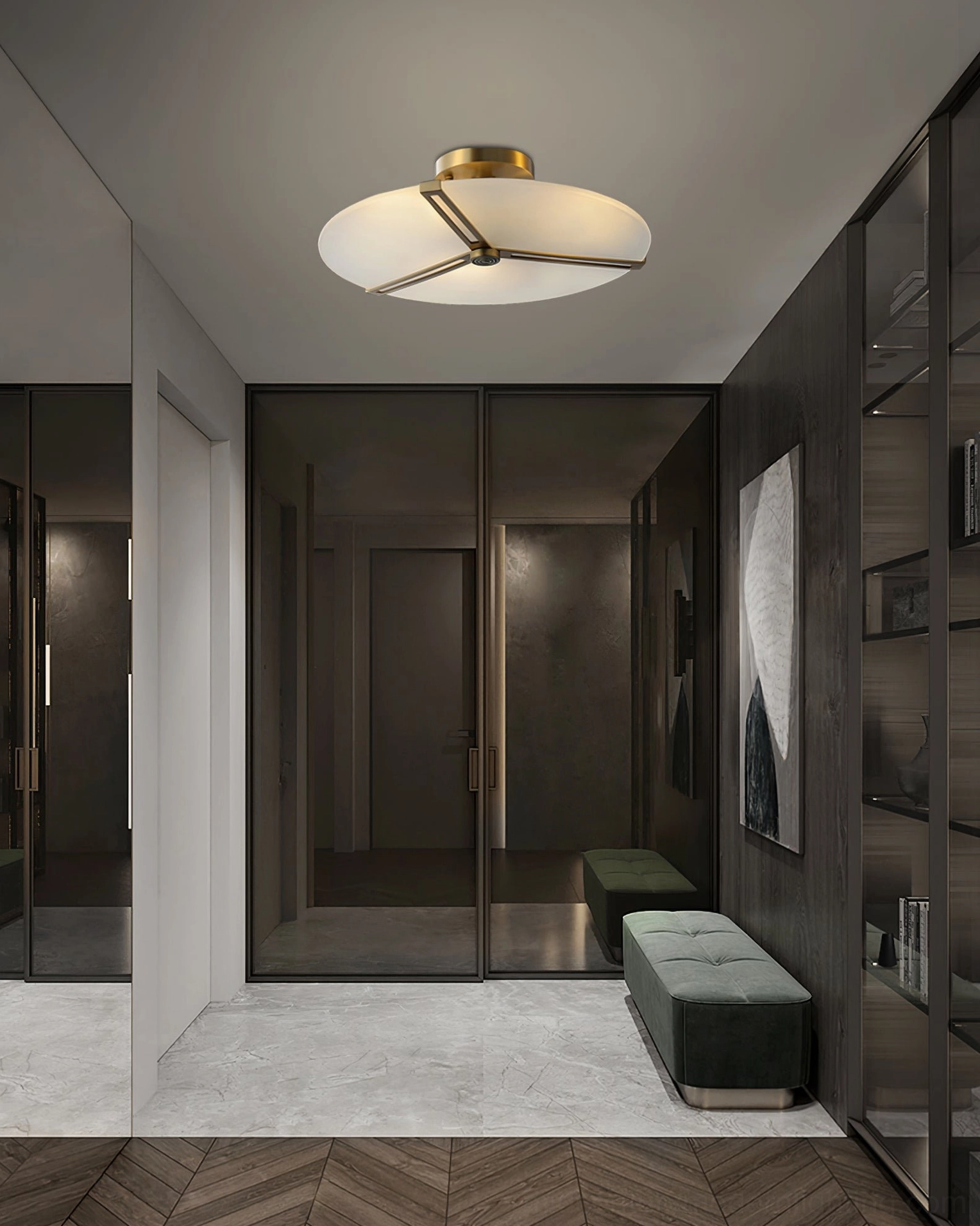 Brass ceiling lamp overhead view in residential entry hallway with wood cabinetry