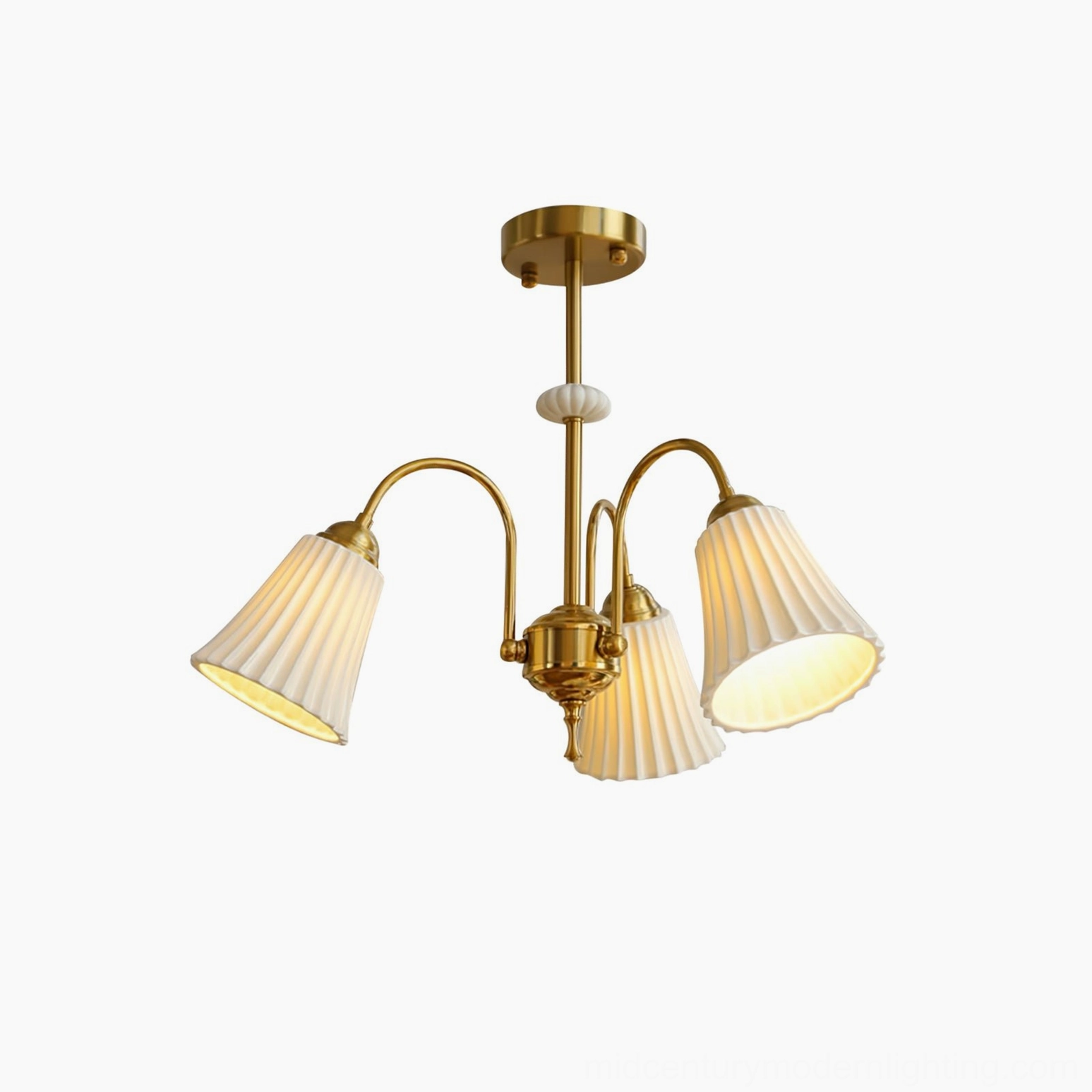 3-head brass pendant chandelier with white pleated glass shades, compact size option for smaller rooms and intimate spaces, mid-century modern style