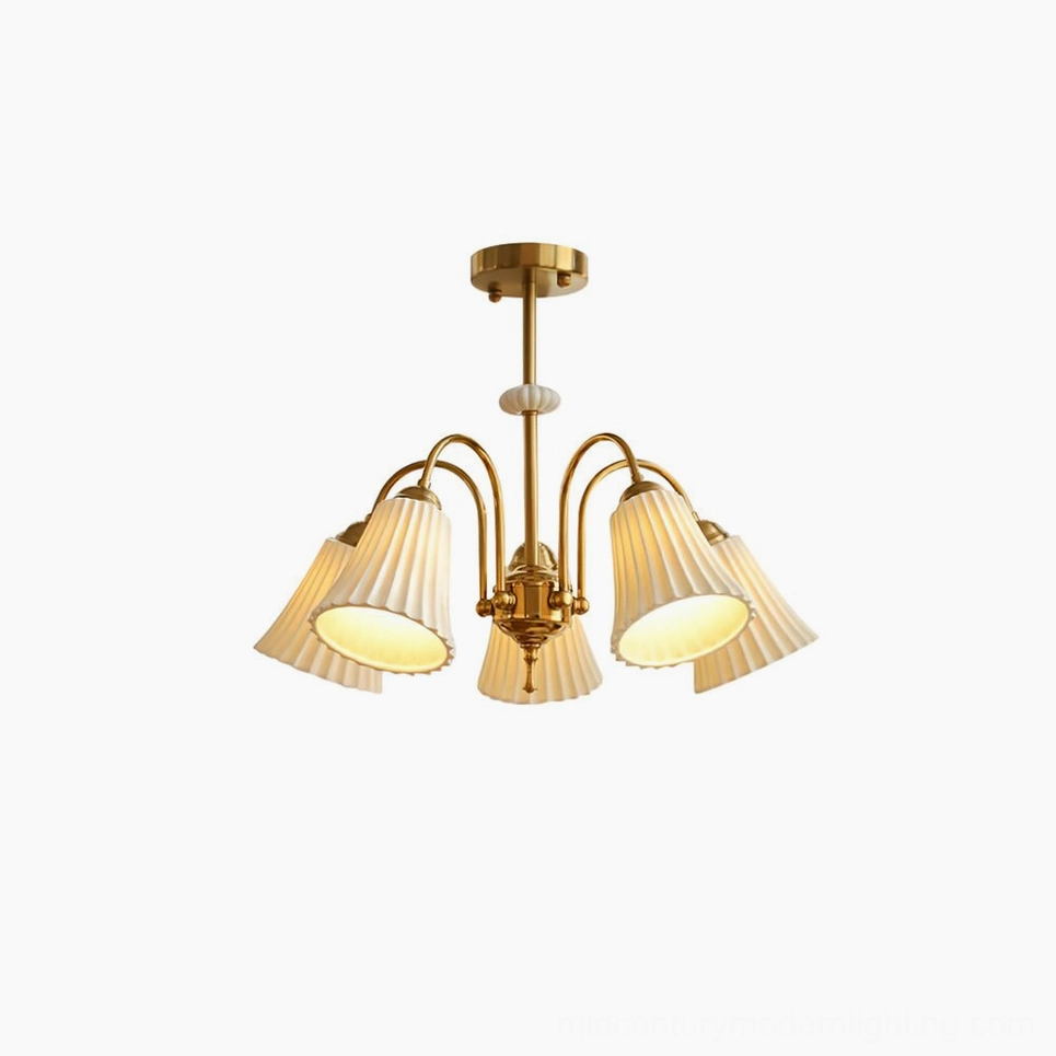 5-head brass pendant chandelier with pleated white glass shades, versatile mid-configuration ideal for dining areas and living rooms, mid-century design