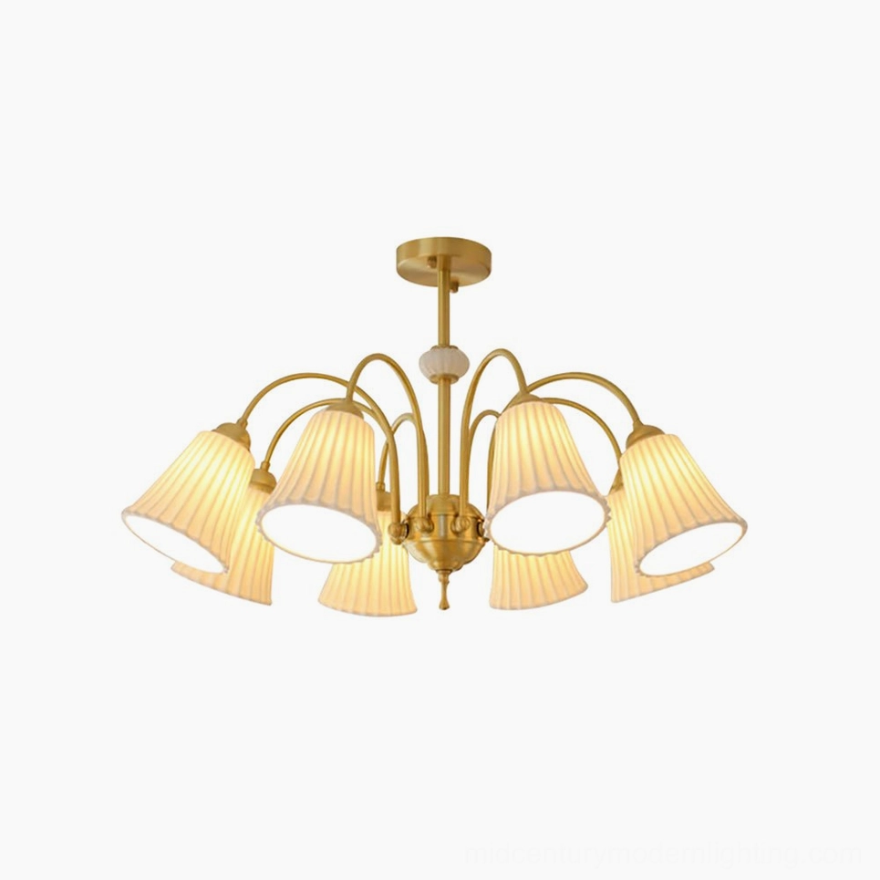 8-head brass pendant chandelier creating dramatic statement lighting with multiple pleated glass shades, larger spaces and commercial installations