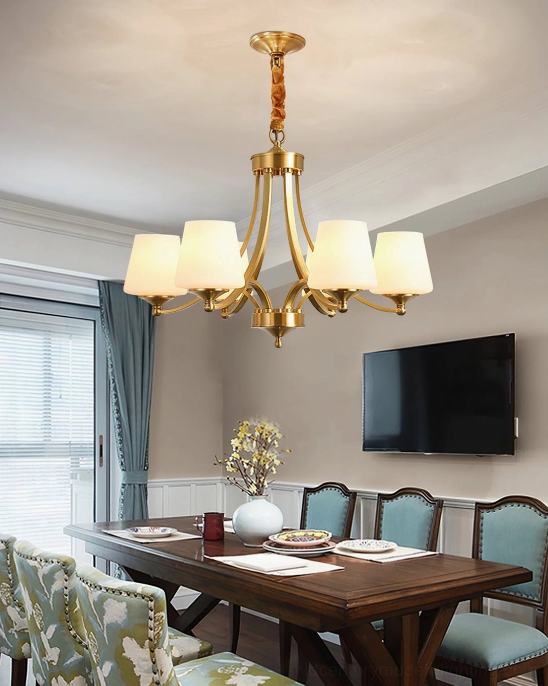 Tuileries multi-head brass chandelier architectural detail showing craftsmanship and glass shade design