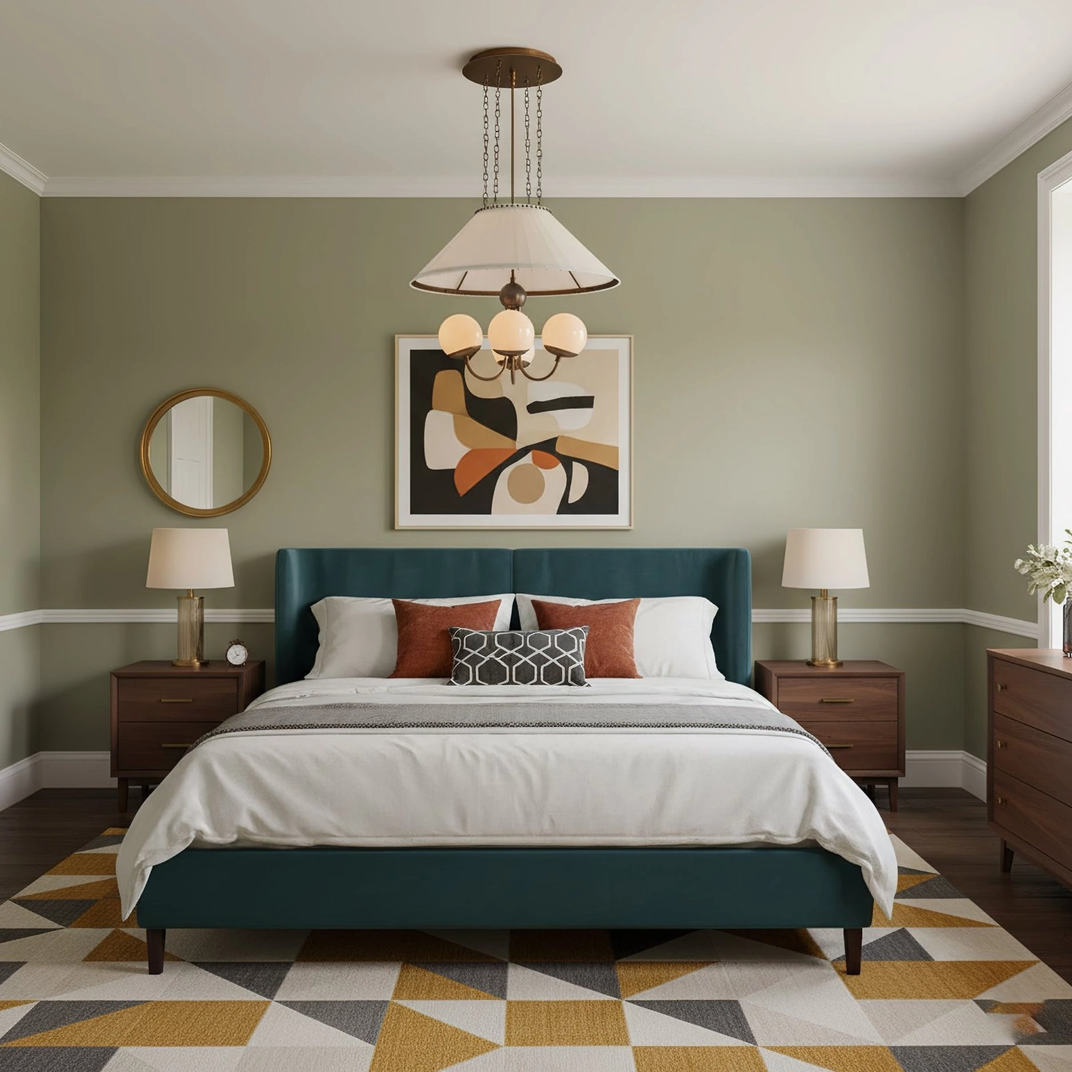 Brass globe pendant chandelier in cozy traditional bedroom setting