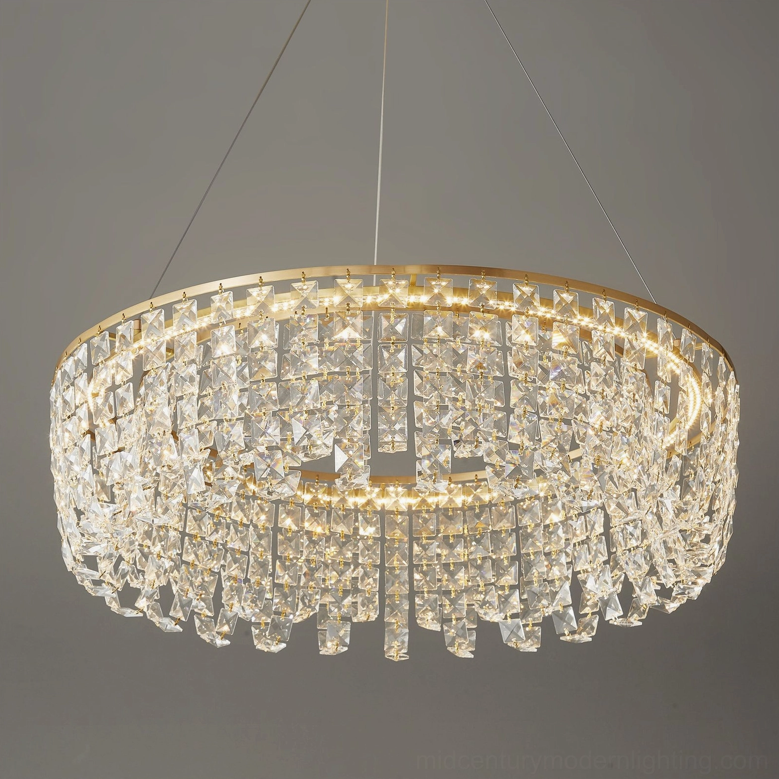 Brass chandelier cool white LED light option contemporary interior lighting solution